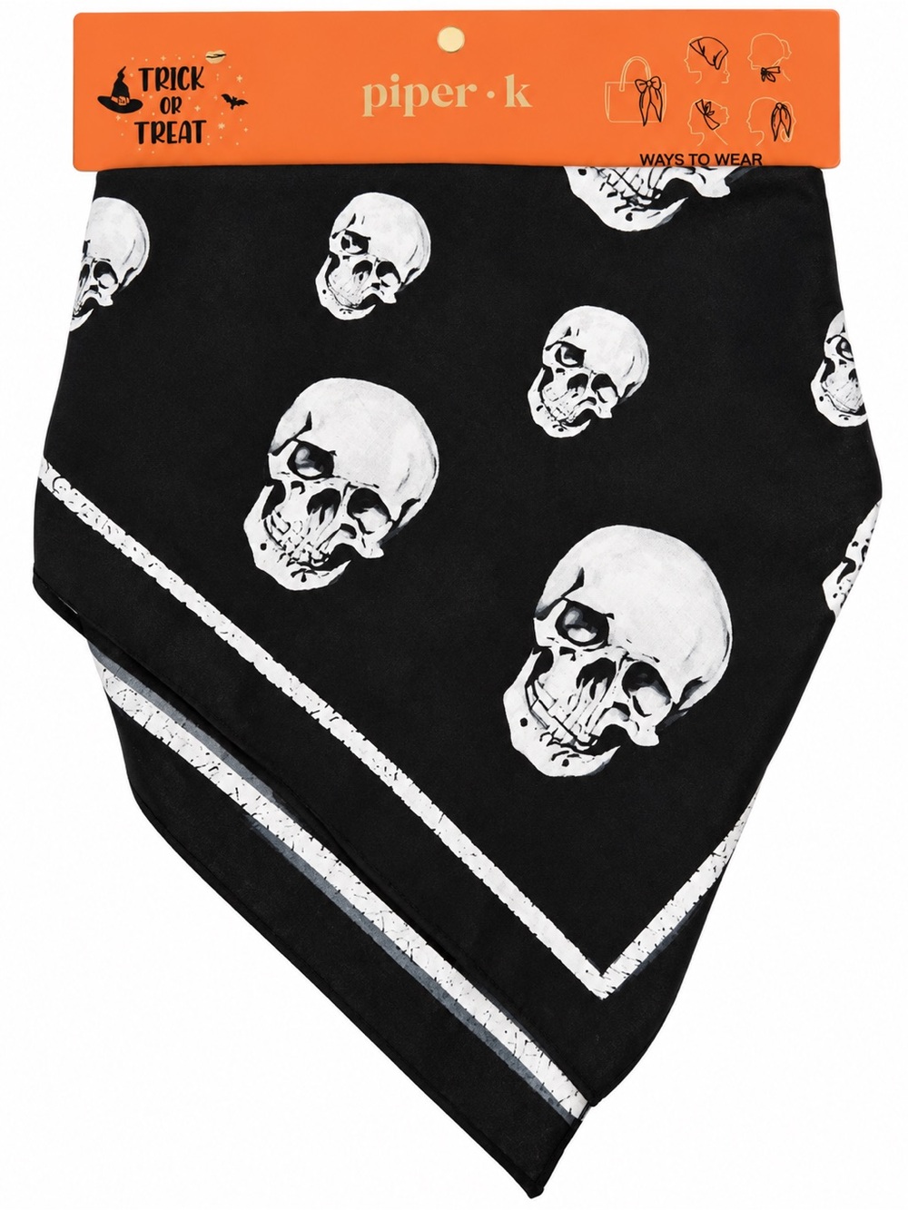 Piper K Halloween Skull Bandana Scarf Black White 100% Cotton NWT